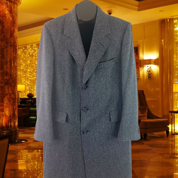 Herringbone Tweed Virgin Wool Trench Coat Black and Gray 44R - Picture 8 of 16